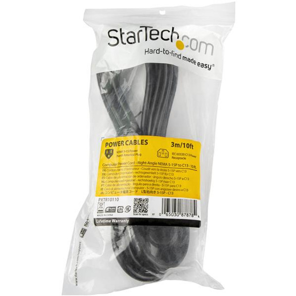 StarTech.com Power Cord - Right-Angle NEMA 5-15P to C13 - 10 ft. PXTR10110