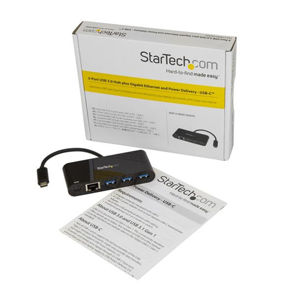 Startech.Com 3 Port Usb-C Hub With Gigabit Ethernet & 60W Power Delivery Passthrough Laptop Charging - Usb-C To 3X Usb-A (Usb 3.0 Superspeed 5Gbps) - Usb 3.1/3.2 Gen 1 Type-C Adapter Hub Hb30C3Agepd