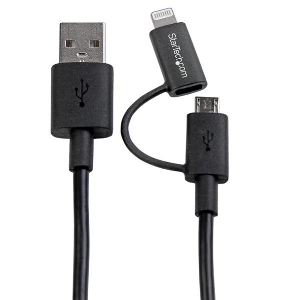 StarTech.com 1 m (3 ft.) 2 in 1 Charging Cable - USB to Lightning or Micro-USB for iPhone / iPad / iPod / Android - Apple MFi Certified - Multi Phone Charger - USB 2.0 LTUB1MBK