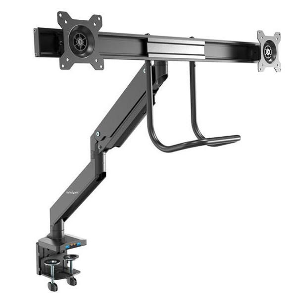 StarTech.com Desk Mount Dual Monitor Arm with USB & Audio - Slim Full Motion Adjustable Dual Monitor VESA Mount for up to 32" Displays - Ergonomic Articulating - C-Clamp/Grommet ARMSLIMDUAL2USB3