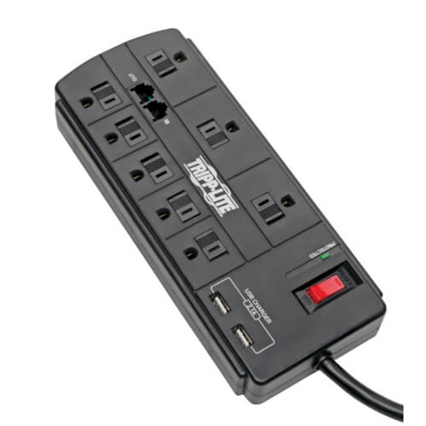 Tripp Lite 8-Outlet Surge Protector with 2 USB Ports (2.1A Shared) - 8 ft. Cord, 1200 Joules, Tel/Modem, Black TLP88TUSBB