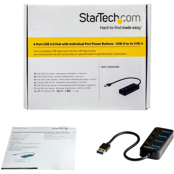 Startech.Com 4 Port Usb 3.0 Hub - Usb-A To 4X Usb 3.0 Type-A With Individual On/Off Port Switches - Superspeed 5Gbps Usb 3.1/3.2 Gen 1 - Usb Bus Powered - Portable - 9.8" Attached Cable Hb30A4Aib