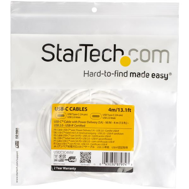 StarTech.com USB-C to USB-C Cable w/ 5A PD - M/M - White - 4 m (13 ft.) - USB 2.0 - USB-IF Certified USB2C5C4MW
