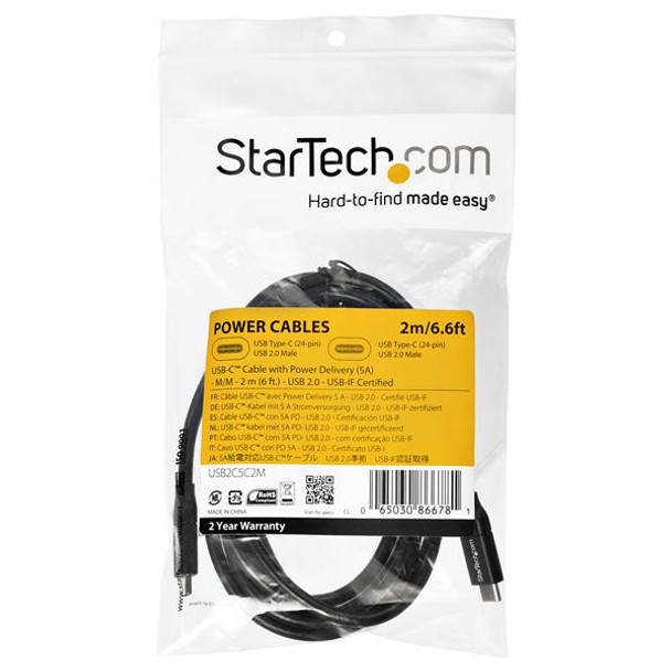 Startech.Com Usb-C To Usb-C Cable W/ 5A Pd - M/M - 2 M (6 Ft.) - Usb 2.0 - Usb-If Certified Usb2C5C2M