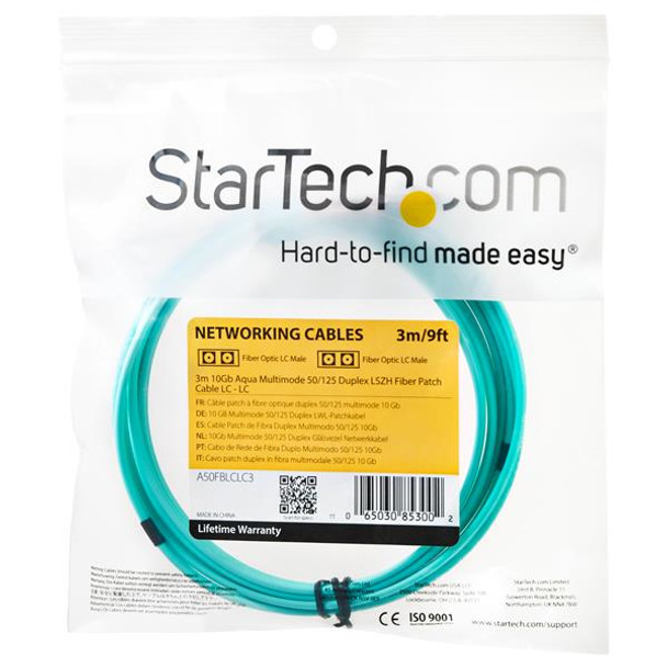 StarTech.com Fiber Optic Cable - 10 Gb Aqua - Multimode Duplex 50/125 - LSZH - LC/LC - 3 m A50FBLCLC3