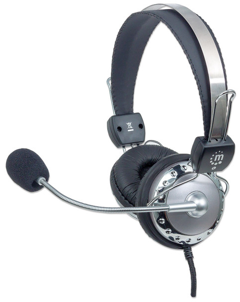 Manhattan Stereo Over-Ear Headset (3.5Mm), Microphone Boom (Padded), Adjustable Steel Headband, In-Line Volume Control, Ear Cushions, Std 2X 3.5Mm Stereo Jack/Plug For Audio/Mic Use, Cable 2.5M, 3 Year Warranty 175517