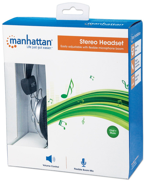 Manhattan Stereo Over-Ear Headset (3.5Mm), Microphone Boom (Padded), Adjustable Steel Headband, In-Line Volume Control, Ear Cushions, Std 2X 3.5Mm Stereo Jack/Plug For Audio/Mic Use, Cable 2.5M, 3 Year Warranty 175517