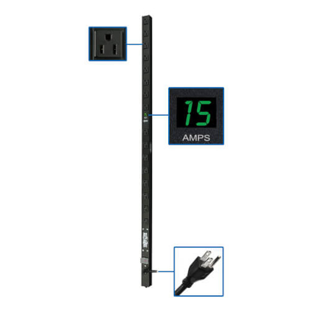 Tripp Lite 1.4kW Single-Phase Metered PDU, 120V Outlets (16 5-15R), 5-15P, 15ft Cord, 0U Vertical, 51.5 in. PDUMV15