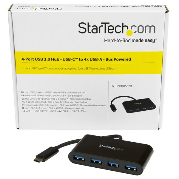 StarTech Accessory HB30C4AB 4PT USB 3.0 Hub USB-C to 4x USB-A Bus Powered BK