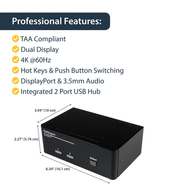 StarTech KVM SV231DPDDUA2 2 Port DisplayPort Dual-Monitor KVM Switch 4K 60Hz