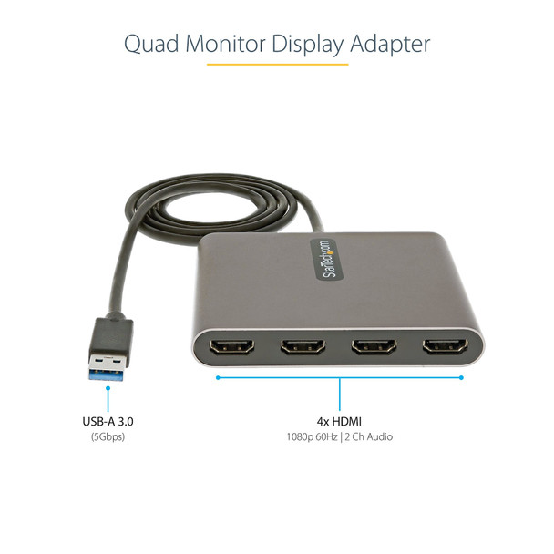 StarTech.com USB 3.0 to 4x HDMI Adapter - External Video & Graphics Card - USB Type-A to Quad HDMI Display Adapter Dongle - 1080p 60Hz - Multi Monitor USB A to HDMI Converter - Windows Only 065030888721 USB32HD4