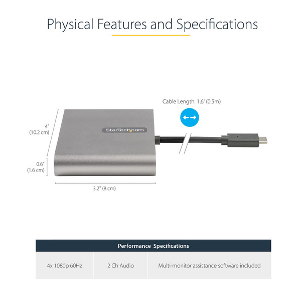 StarTech.com USB C to 4 HDMI Adapter - External Video & Graphics Card - USB Type-C to Quad HDMI Display Adapter Dongle - 1080p 60Hz - Multi Monitor Video Converter - Windows Only 065030888714 USBC2HD4