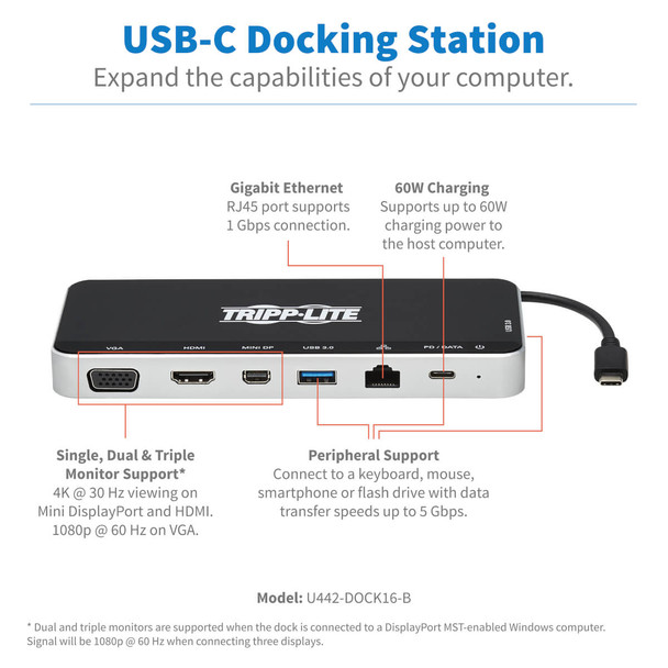 Tripp Lite Usb Dock, Triple Display - 4K Hdmi & Mdp, Vga, Usb 3.2 Gen 1, Usb-A/C Hub, Gbe, 60W Pd Charging, Black 037332253620 U442-Dock16-B
