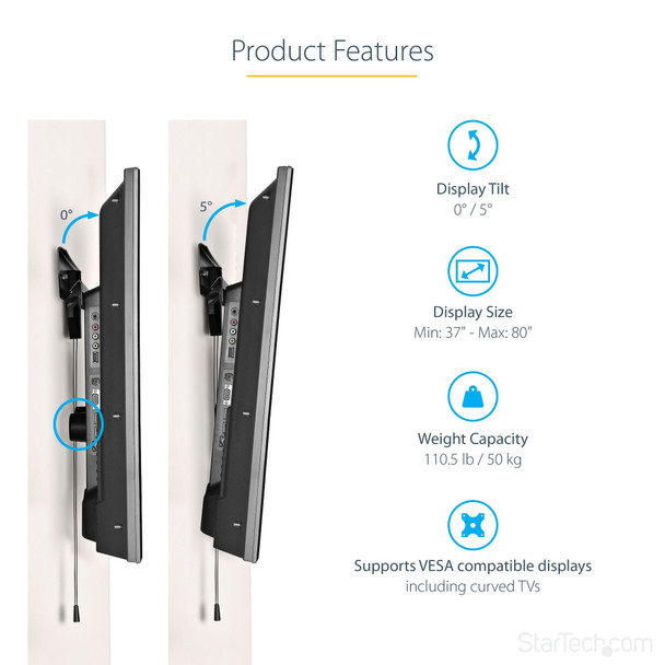 Startech.Com No-Stud Tv Wall Mount - Low Profile Heavy Duty Vesa Tv Wall Mount For Up To 80 Inch Display (110Lb/50Kg) - Universal Television Wall Mount - Studless Tilting Flat Screen Mount 065030891493 Fpwhanger