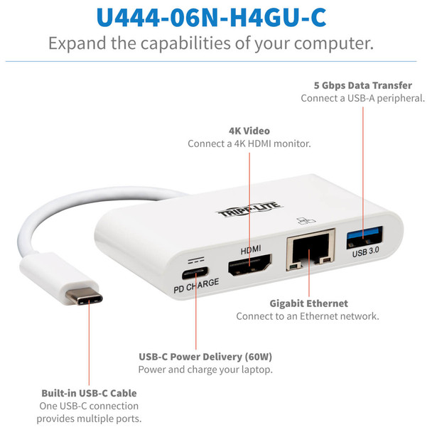 Tripp Lite Usb C To Hdmi External Video Adapter With Usb-A Hub, Usb-C Pd Charging, & Gigabit Ethernet Ports, 3840 X 2160 (4K X 2K) @ 30Hz 037332193964 U444-06N-H4Gu-C