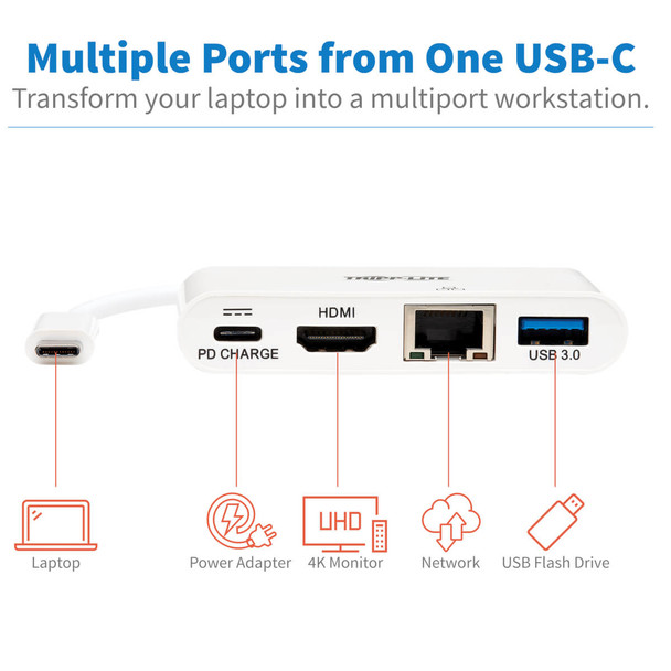 Tripp Lite Usb C To Hdmi External Video Adapter With Usb-A Hub, Usb-C Pd Charging, & Gigabit Ethernet Ports, 3840 X 2160 (4K X 2K) @ 30Hz 037332193964 U444-06N-H4Gu-C