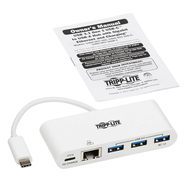 Tripp Lite 3-Port USB 3.1 Gen 1 Portable Hub, USB Type-C (USB-C) to (x3) USB-A, USB-C Charging Port & Gigabit Ethernet Port 037332193810 U460-003-3AG-C