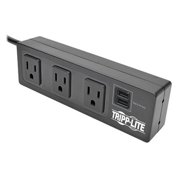 Tripp Lite Protect It! 3-Outlet Surge Protector with Desk Clamp, 10 ft. Cord, 510 Joules, 2 USB Charging Ports, Black Housing 037332198464 TLP310USBC