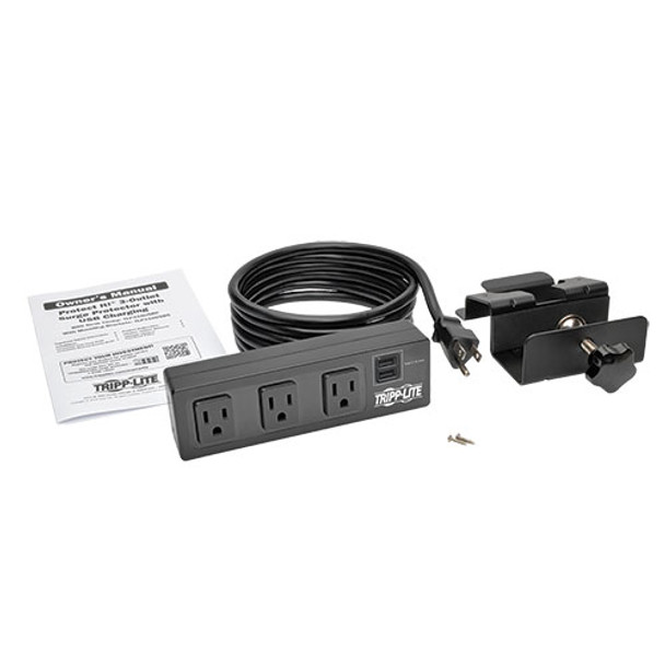 Tripp Lite Protect It! 3-Outlet Surge Protector with Desk Clamp, 10 ft. Cord, 510 Joules, 2 USB Charging Ports, Black Housing 037332198464 TLP310USBC