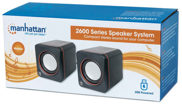 Manhattan 2600 Series Speaker System, Small Size, Big Sound, Two Speakers, Stereo, USB power, Output: 2x 3W, 3.5mm plug for sound, In-Line volume control, Cable 0.9m, Black, Three Year Warranty, Box 766623161435 161435