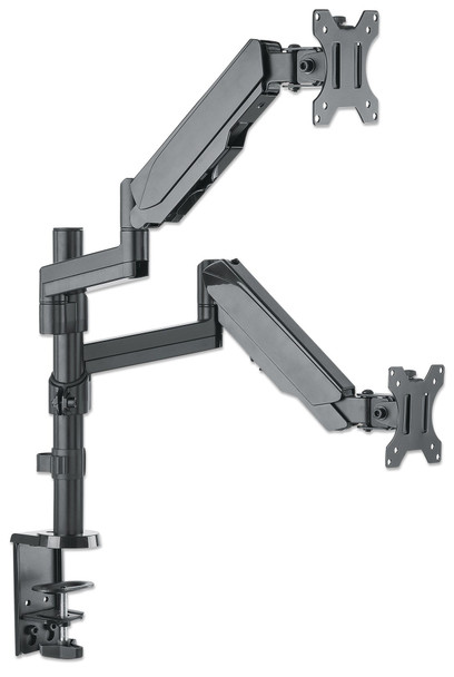 Manhattan TV & Monitor Mount, Desk, Full Motion (Gas Spring), 2 screens, Screen Sizes: 10-27", Black, Clamp or Grommet Assembly, Dual Screen, VESA 75x75 to 100x100mm, Max 8kg (each), Lifetime Warranty 766623461597 461597