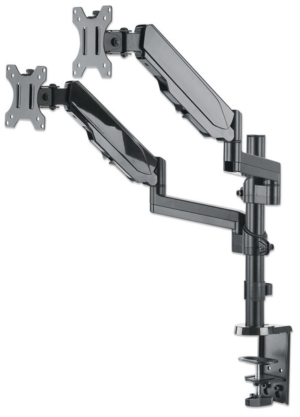 Manhattan TV & Monitor Mount, Desk, Full Motion (Gas Spring), 2 screens, Screen Sizes: 10-27", Black, Clamp or Grommet Assembly, Dual Screen, VESA 75x75 to 100x100mm, Max 8kg (each), Lifetime Warranty 766623461597 461597