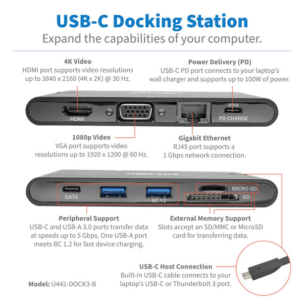 Tripp Lite USB-C Laptop Docking Station - HDMI, VGA, GbE, 4K @ 30 Hz, Thunderbolt 3, USB-A, USB-C, PD Charging 3.0, Black 037332213495 U442-DOCK3-B