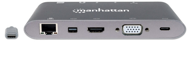 Manhattan USB-C Dock/Hub with Card Reader, Ports (x8): USB-C to HDMI, Audio 3.5mm, Ethernet, Mini DisplayPort, USB-A (x3) and USB-C, With Power Delivery to USB-C Port (60W), Cable 20cm, Aluminium, Grey, Three Year Warranty, Retail Box 766623152808 15