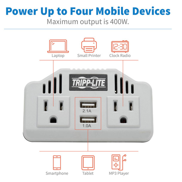 Tripp Lite 400W PowerVerter Ultra-Compact Car Inverter with 2 AC/2USB - 3.1A/Battery Cables/Cigarette Ligther Adapter (CLA) 037332187895 PV400USB