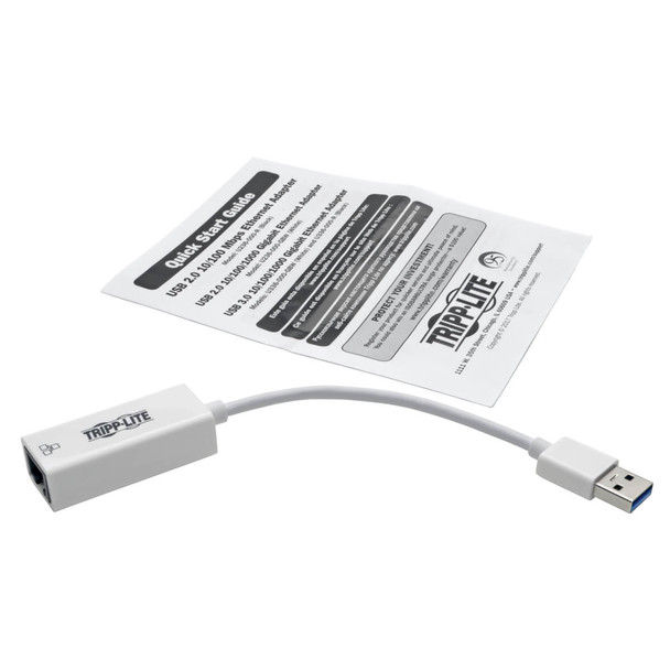 Tripp Lite USB 3.0 SuperSpeed to Gigabit Ethernet NIC Network Adapter, 10/100/1000 Mbps, White 037332183286 U336-000-GBW