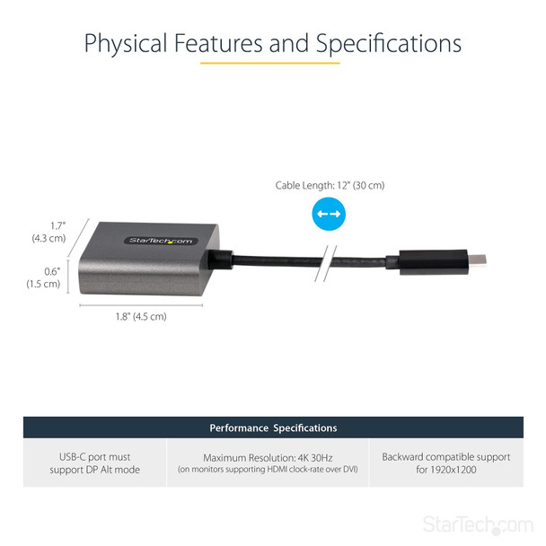 Startech.Com Usb C To Dvi Adapter - 1920X1200P Usb-C To Dvi-D Adapter Dongle - Usb Type C To Dvi Display/Monitor - Video Converter - Thunderbolt 3 Compatible - 12" Long Attached Cable 065030888820 Cdp2Dviec