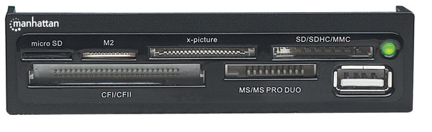 Manhattan 3.5" Bay Mount Expansion Panel, 1x USB-A port, Multi-Card Reader/Writer 60-in-1, 480 Mbps (USB 2.0), Hi-Speed USB, Black, Three Year Warranty, Box 766623100915 100915