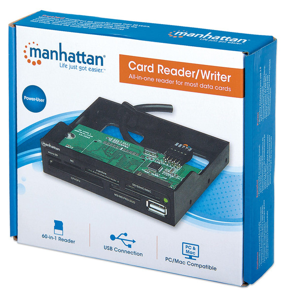 Manhattan 3.5" Bay Mount Expansion Panel, 1x USB-A port, Multi-Card Reader/Writer 60-in-1, 480 Mbps (USB 2.0), Hi-Speed USB, Black, Three Year Warranty, Box 766623100915 100915