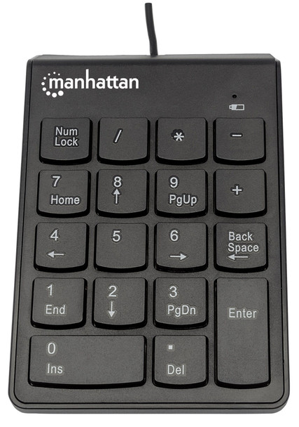 Manhattan Numeric Keypad, Wired, USB-A, 18 Full Size Keys, Black, Membrane Key Switches, Windows and Mac, Three Year Warranty, Blister 766623176354 176354