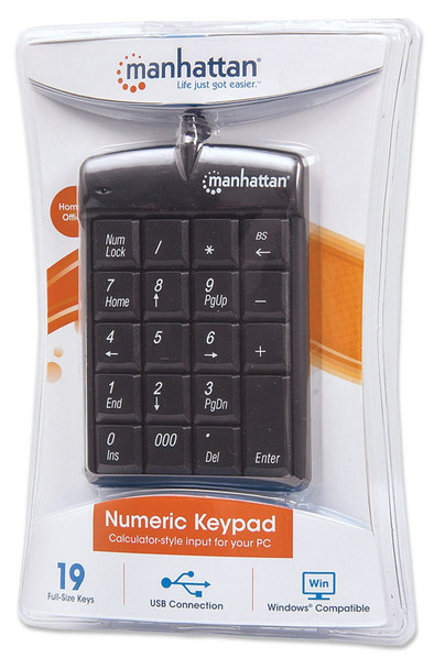Manhattan Numeric Keypad, Wired, USB-A, 18 Full Size Keys, Black, Membrane Key Switches, Windows and Mac, Three Year Warranty, Blister 766623176354 176354