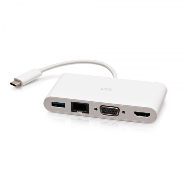 C2G USB-C® to HDMI®, VGA, USB-A, and RJ45 Multiport Adapter - 4K 30Hz - White 757120298298 C2G29829