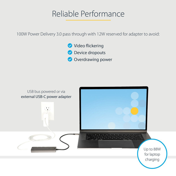 Startech.Com Usb C Multiport Adapter - Usb-C To Hdmi 2.0B 4K 60Hz (Hdr10), 100W Power Delivery Pass-Through, 4-Port Usb 3.0 Hub - Usb Type-C Mini Dock - 12" (30Cm) Long Attached Cable 065030891806 Dkt30Chpd3