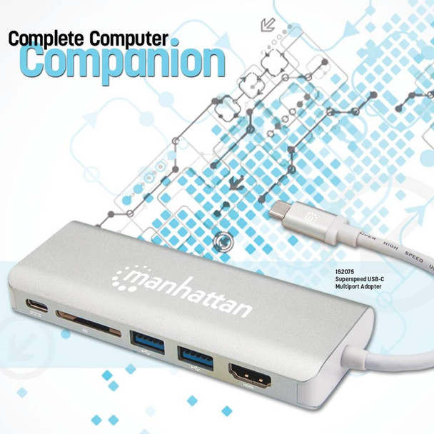 Manhattan USB-C Dock/Hub with Card Reader, Ports (x5): Ethernet, HDMI, USB-A (x2) and USB-C, With Power Delivery to USB-C Port (60W), Cable 13cm, Aluminium, Grey, Three Year Warranty, Retail Box 766623152075 152075