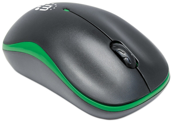Manhattan Success Wireless Mouse, Black/Green, 1000dpi, 2.4Ghz (up to 10m), USB, Optical, Three Button with Scroll Wheel, USB micro receiver, AA battery (included), Low friction base, Three Year Warranty, Blister 766623179393 179393