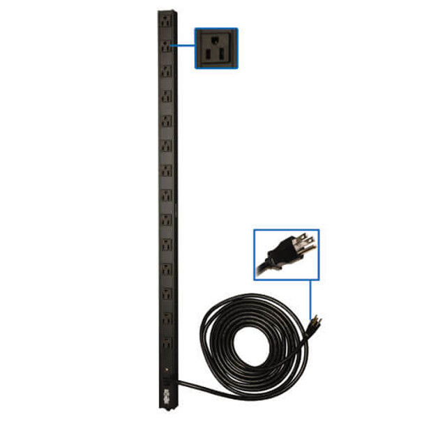 Tripp Lite 1.44kw Single-Phase Basic PDU, 120V Outlets (14 5-15R), 5-15P, 15ft Cord, 0U Vertical 037332144515 PDUV15