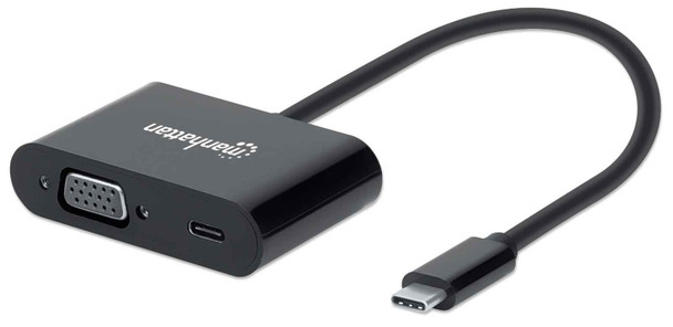 Manhattan USB-C to VGA and USB-C (inc Power Delivery), 1080p@60Hz, 19.5cm, Black, Power Delivery to USB-C Port (60W), Equivalent to Startech CDP2VGAUCP, Male to Female, Lifetime Warranty, Retail Box 766623153430 153430