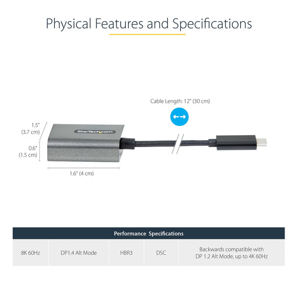 Startech.Com 8K/4K 60Hz Usb-C To Displayport 1.4 Adapter Dongle Monitor Video Converter Works W/Thunderbolt 3 W/12" Long Attached Cable Cdp2Dpec 0065030888851