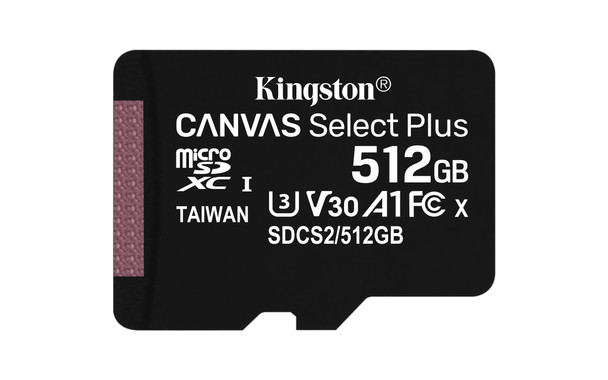 KINGSTON TECHNOLOGY 512GB micSDXC Canvas Select Plus 100R A1 C10 Card + ADP SDCS2/512GB 740617298727