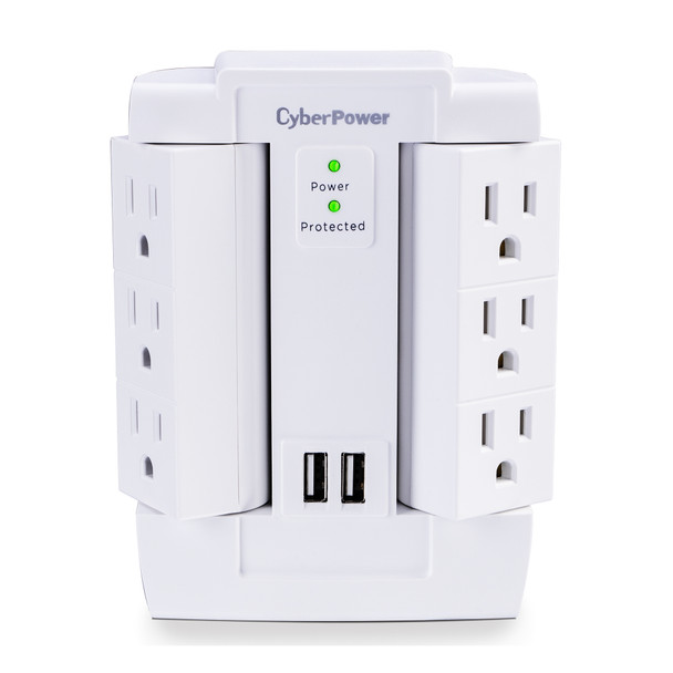 CYBERPOWER SYSTEMS 6 outlet swivel wall tap 1200J, 2 USB 2.4A, white CSP600WSURC2 649532616497