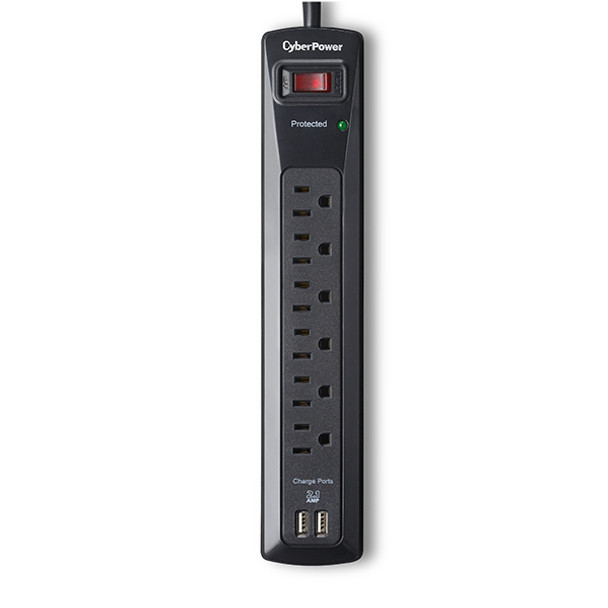 CYBERPOWER SYSTEMS 2-2.1A USB PORTS 6 OUTLETS 4FT CORD 1200 JOULES $50K CEG CSP604U 649532610693