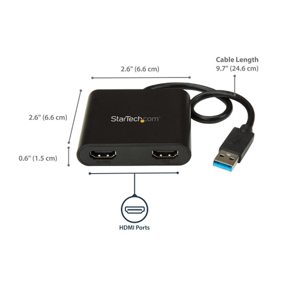 StarTech.com USB 3.0 to Dual HDMI Adapter - 1x 4K 30Hz & 1x 1080p - External Video & Graphics Card - USB Type-A to HDMI Dual Monitor Display Adapter - Supports Windows Only - Black 32220