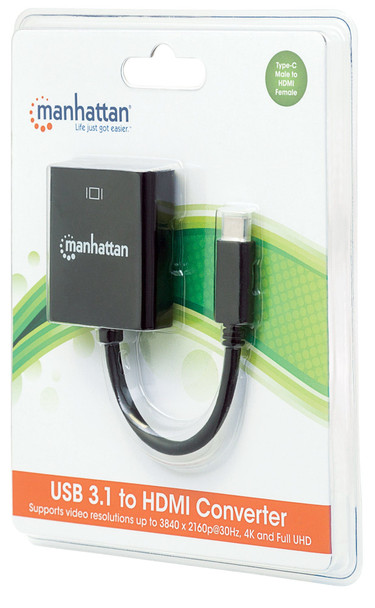 Manhattan USB-C to HDMI Cable, 4K@30Hz, 8cm, Black, Equivalent to Startech CDP2HD, Male to Female, Three Year Warranty, Blister 33524
