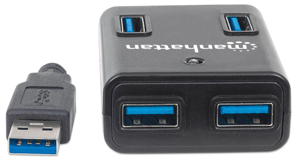 Manhattan USB-A 4-Port Hub, 4x USB-A Ports, 5 Gbps (USB 3.2 Gen1 aka USB 3.0), Bus Power, Equivalent to Startech ST4300MINU3B, Fast charging x1 Port up to 0.9A or x4 Ports with power jack (not included), SuperSpeed USB, Black, Three Year Warranty, Bl