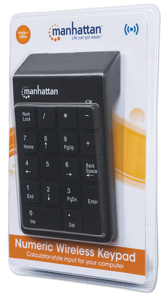 Manhattan Numeric Keypad, Wireless (2.4GHz), USB-A Micro Receiver, 18 Full Size Keys, Black, Membrane Key Switches, Auto Power Management, Range 10m, AAA Battery (included), Windows and Mac, Three Year Warranty, Blister 33967