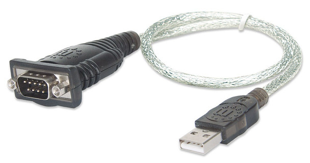 Manhattan USB-A to Serial Converter cable, 45cm, Male to Male, Serial/RS232/COM/DB9, Prolific PL-2303RA Chip, Equivalent to Startech ICUSB232V2, Black/Silver cable, Blister 34237